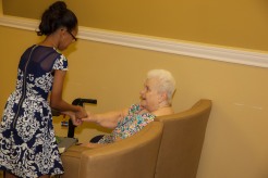 Daelyn introduces herself to residents at Clayton Oaks